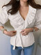 Lace Patchwork V Neck Tie Up Puff Sleeve Blouse - White