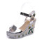 Women Flower Printing Wedges Buckle Ankle Strap Sandals - Silver