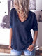 Solid Color Long Sleeve V-neck T-shirt For Women - Dark Blue
