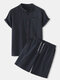 Mens Basic Cotton Linen Grandad Collar Solid Color Loungewear Set - Black