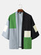 Mens Color Block Open Front Preppy 3/4 Sleeve Kimono - Green