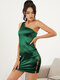 Solid Backless One Shoulder Irregular Hollow Mini Sexy Dress - Green