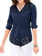 Женское кружево в стиле пэчворк с v-образным вырезом и пуговицами спереди, рукав 3/4 Рубашка - Темно-синий