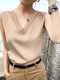 Satin V-neck Sleeveless Tank Top For Women - Khaki