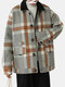 Mens Plaid Single Breasted Lapel Double Pocket Vintage Woolen Overcoats - Gray