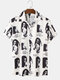 Mens Street Figure Pattern Revere Collar Vintage Short Sleeve Shirts - White