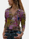 Vintage Printed Long Sleeve Turn-down Collar Blouse For Women - Purple