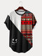 Herren T-Shirts mit geometrischem, ethnischem Muster und abgerundetem Saum, kurzärmelig - Schwarz