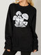 Mushroom Print Long Sleeve O-neck Loose Women Sweatshirt - Black