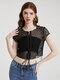 Crochet Lace Knot See Through Short Sleeve Crew Neck Crop Top - Black