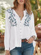 Floral Embroidery Button Long Sleeve Casual Blouse - White