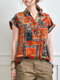 Abstract Painted Letter Plaid Short Sleeve Casual Blouse - Orange