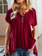 Solid Color O-neck Button Short Sleeve Loose T-Shirt For Women - Wine Red