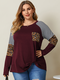 Leopard Striped Print O-neck Long Sleeve Plus Size Pocket T-shirt - Wine Red