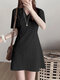 Solid Short Sleeve Invisible Zip V-neck A-line Dress - Black