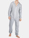 Men Plain Casual Onesies Jumpsuit Hooded Loungewear Pockets Loose Home Daily Pajamas Sleepwear - Gray