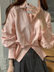 Solid Puff Long Sleeve Lapel Button Down Shirt For Women - Pink