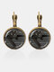 Metal Round Glass Gemstone Cat Print Women Earrings - Bronze