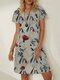 Flower Print V-neck Short Sleeve Vintage Dress For Women - Beige