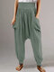 Pleated Drop-crotch High Elastic Waist Pockets Plus Size Pants - Green