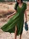 Women Drawstring Solid Color Button Short Sleeve V-neck Bohemian Dress - Army Green