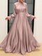 महिला सॉलिड साटन स्टैंड कॉलर मुस्लिम लंबी आस्तीन मैक्सी ड्रेस - गुलाबी