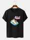 Mens Cartoon Cat Character Print Crew Neck Short Sleeve T-Shirts - Black