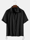 Mens Solid Color Zipper Drawstring Sun Protection Clothing Five-point Sleeve Shirt - Black