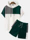 Mens Waffle Knit Color Block Patchwork Loose Short Sleeve Hooded Two Pieces Outfits - Green