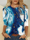 Ocean Print O-neck Long Sleeve Plus Size Casual Blouse - Blue