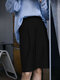 Pantalones cortos casuales fruncidos con botón de bolsillo sólido - Negro