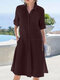 Women Solid Lapel Button Up Shirt Dress With Sleeve Tabs - Wine Red