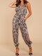 Snake Print Button Hollow V-neck Casual Long Jumpsuit for Women - Brown