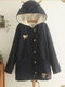 Cat Embroidered Hooded Thick Long Sleeve Casual Coat - Navy