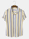 Mens Colorful Striped Revere Collar Casual Short Sleeve Shirts - Navy