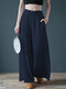 Solid Color Wide Leg Elastic Waist Casual Pants For Women - Navy