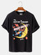 Mens Moon Rocket Graphic Printed Short Sleeve Round Neck T-shirt - Black