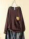 Patchwork Loose O-Neck Long Sleeve Blouse With Pocket - Wine Red