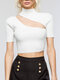 Solid Mock Neck Hollow Backless Short Sleeve Crop Top - White