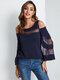 Solid Mesh Stitch Off-shoulder Long Sleeve Blouse - Navy