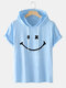 Mens Smile Pattern Short Sleeve Preppy Hooded T-Shirt - Blue
