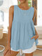 Solid Patchwork Keyhole Back Crew Neck Sleeveless Tank Top - Blue