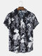 Mens Cotton Flower Plant Print Revere Collar Holiday Short Sleeve Shirts - Black