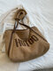 Women Plush Fashion Patchwork Letter Pattern Handbag Shoulder Bag Tote - Khaki