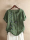 Embroidery Floral Short Sleeve Vintage T-shirt For Women - Green