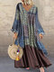 Vintage Patchwork-Langarm mit Blumendruck Kleid mit Taschen - Hellblau
