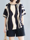 Plaid Letter Print Short Sleeve Round Neck Casual Blouse - NavyBeige