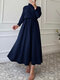 Solid A-line Zip Back Long Sleeve Stand Collar Maxi Dress - Navy