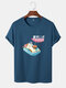 Mens Cartoon Cat Character Print Crew Neck Short Sleeve T-Shirts - Blue