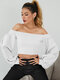 Solid Lantern Long Sleeve Off The Shoulder Crop Top - White